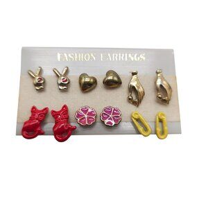 6 Pairs 1980s Fun Stud Earrings Set Bunny Heart Cat Flower Paperclip Korea